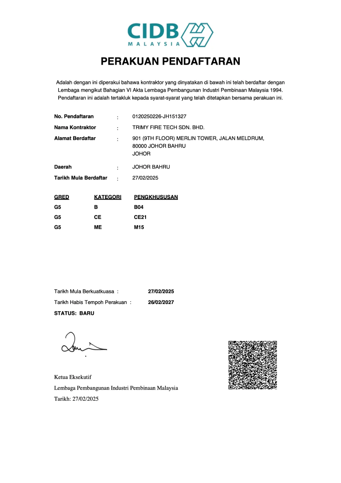 CIDB registration certificate for Trimy Fire Tech Sdn Bhd