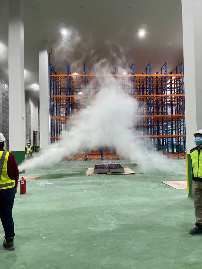 Sprinkler discharge test in a warehouse